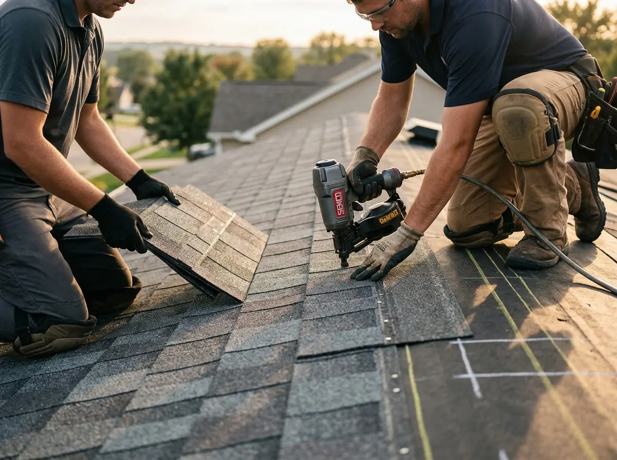 Professional roofer working on a residential roof in Amarillo
